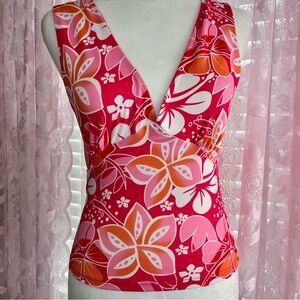 Tropical Floral V-Neck Tank Top in Pink & Orange